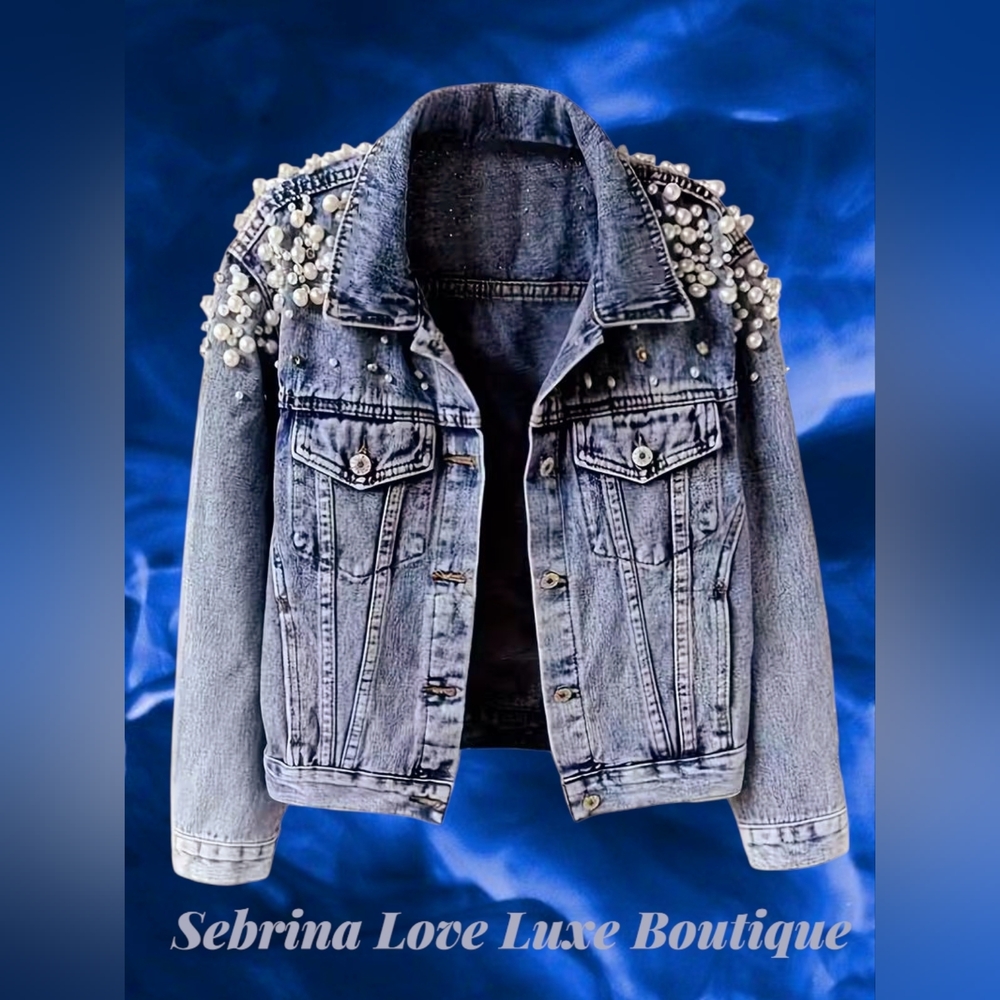 Rustic Chic Faux Pearl Bejeweled Denim Jacket
